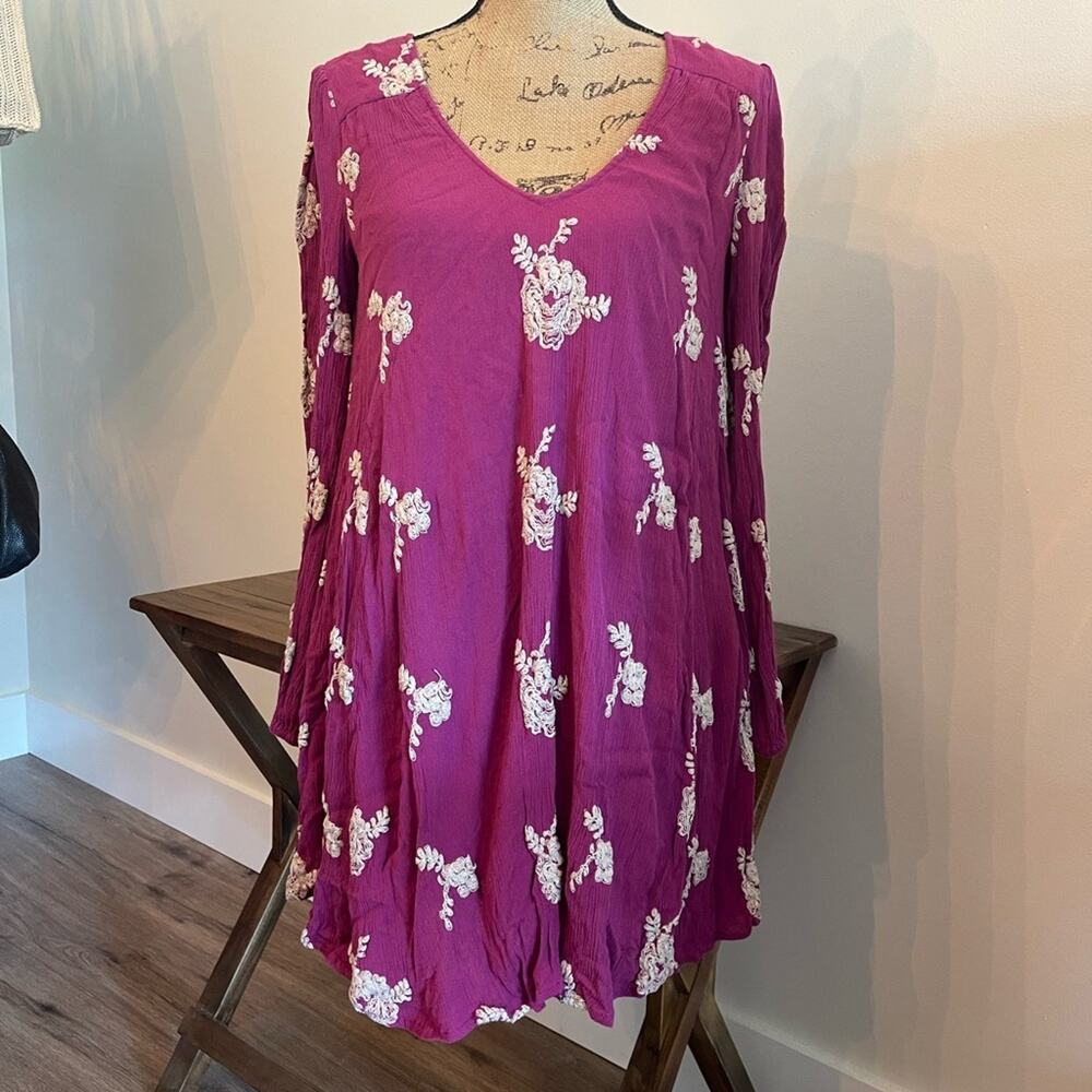 Free People Boho Purple Floral Embroidered Dress Size Small
